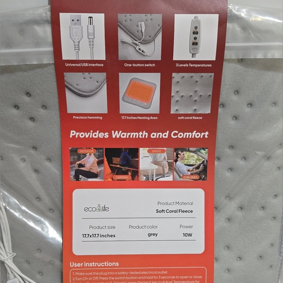 Electric‎ Heated Seat Cushion for Home, Office, Car, Outdoor Fishing, Camping - Picture 2 of 8